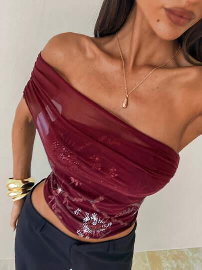 Aloruh Sexig och elegant pärlbroderad, vinröd, kort t-shirt för kvinnor, Homecoming-toppar, söta toppar för kvinnor, flygplatstopp för kvinnor, utflyktstopp för kvinnor, semestertopp för kvinnor, semester på ön, dejtingtopp för kvinnor, kvällstopp för kvinnor