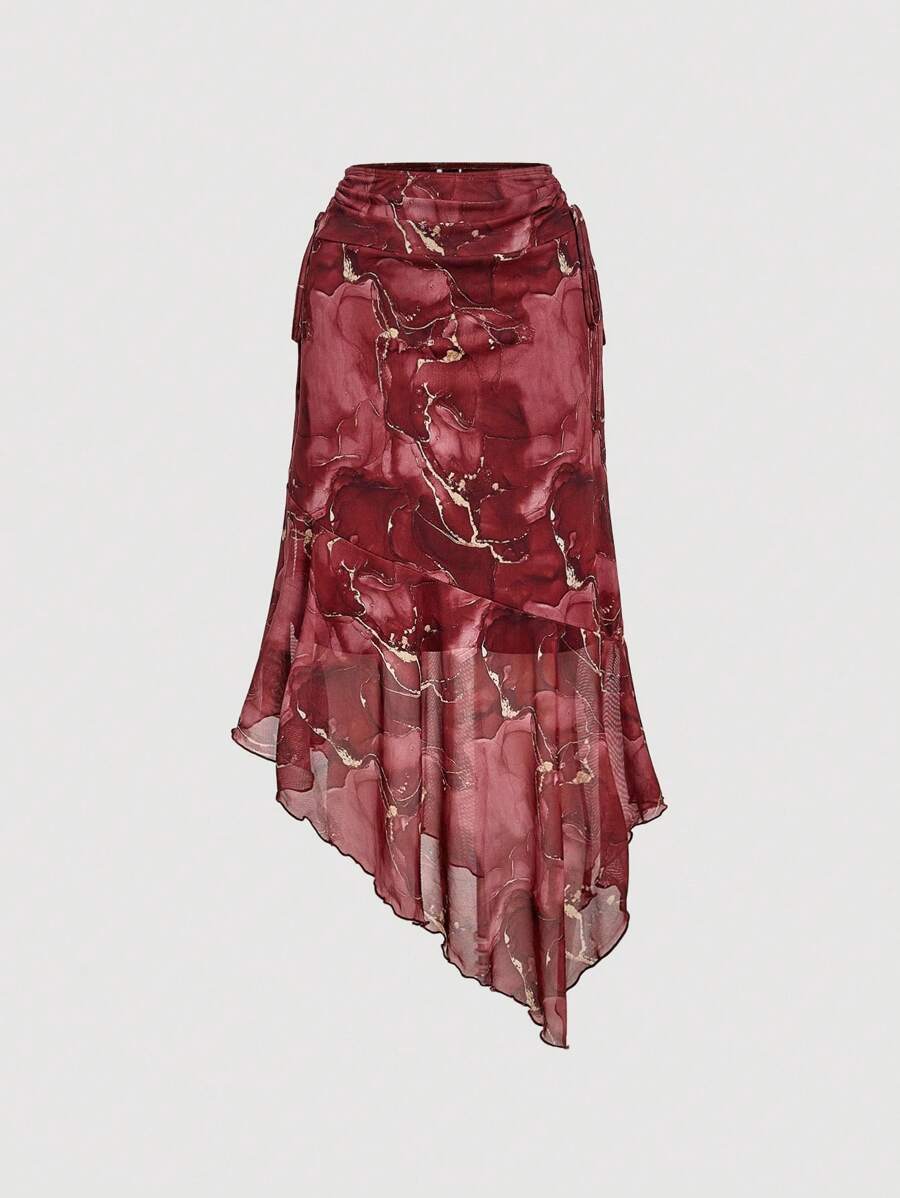 SHEIN MOD Women's Asymmetrical Ruched Waist Tie Dye Burgundy Versatile A-Line Skirt,  Burgundy Skirt,  Red Skirt,  Silk Skirt,  Asymmetrical Skirt,  High Waisted Skirt, Vintage, Red Dye, Charming, Versatile, Half Skirt, Fall Clothes For Women - Burgundy - View 1