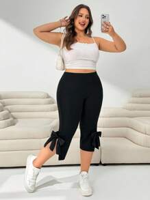 Solflare Pantalones casuales de talla grande para mujer con lazo y abertura lateral de 3/4, para primavera y verano, Día de San Valentín - Negro - Ver 5