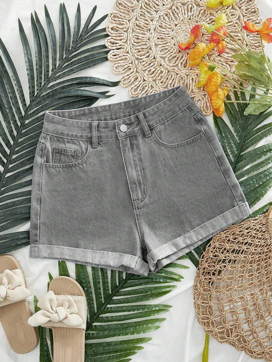 SHEIN EZwear Quần short denim viền xoăn phai màu thường ngày mùa hè - Màu Xám nhạt - Xem 1