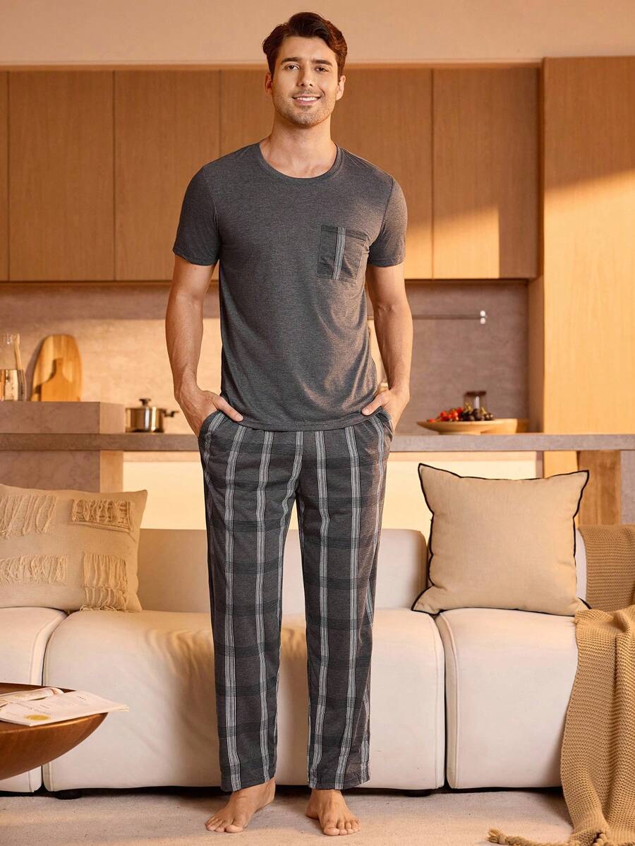 Manfinity Underwear&Sleepwear Basics Men Plaid Print Pocket Patched PJ Set / Pajama Set