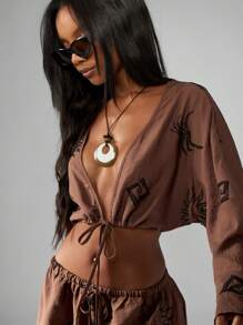 MISSGUIDED 刺绣亚麻短款上衣和短裤节日沙滩装夏季套装，带太阳图案长袖，前部系带细节，松紧腰带 - 卡其色 - 查看 5