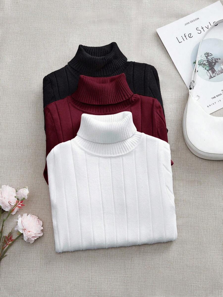 SHEIN LUNE 3 件套女士百搭套头衫，经典百搭保暖休闲上衣，适合秋冬，适合学校娇小女士服装机场的上衣，秋季毛衣秋季上衣女士秋季可爱女士上衣 - 酒紅色 - 查看 1