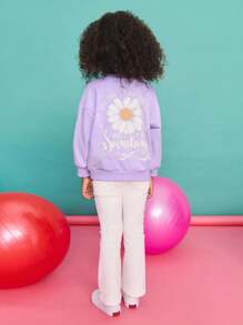 SHEIN 年轻女孩休闲简约舒适花卉图案圆领套头衫，长袖 - 紫色 - 查看 5