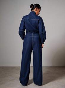 COSMINA 女士休闲日常外出立领牛仔连体裤 - 深色水洗藍 - 查看 3