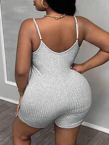 SHEIN Tall CURVE Plus Size Women's Slim Fit Solid Light Gray Cami Jumpsuit, Texture Fabric With Thin Grooves, Low-Cut Neckline, Sleeveless, For Daily Wear, Leisure And Sports Activities