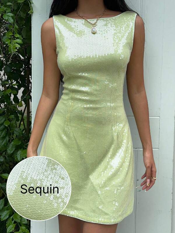 Muchica Green Sequin Women's Elegant Sleeveless Solid Color Mini Mesh Beaded Dress Green Sequin Dress Sequin Mini Dress Shimmer Dress