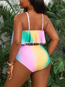 Slaydiva Plus Size Fashion Tie-Dye Colorful Pom-Pom Decor Tankini Two Pieces Swimsuit For Summer Beach Vacation