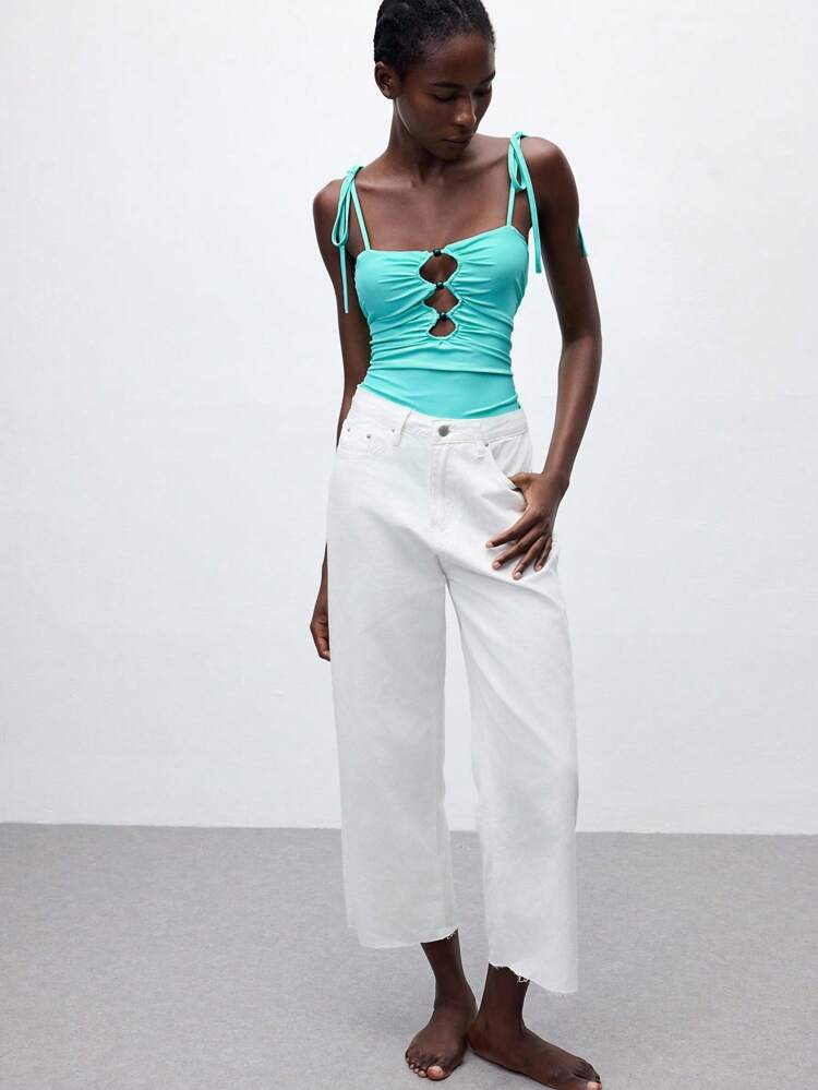 SHEIN Maija Women's Mint Green One Piece Swimsuit Ruched Spaghetti Strap Bathing Suit With Keyhole Detail