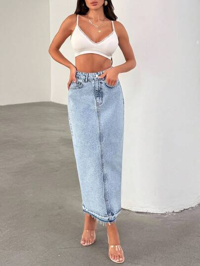EURMUSE Women's Pocket Straight Loose Long Casual Denim Midi Skirt Long Denim Skirt Denim Skirt Jean Skirt Long Jean Skirt Acid Wash Denim Skirt