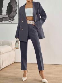 EURMUSE Completo casual da donna: giacca doppiopetto a manica lunga con collo a risvolto in colore unito e pantaloni - Grigio Scuro - Visualizzare 1