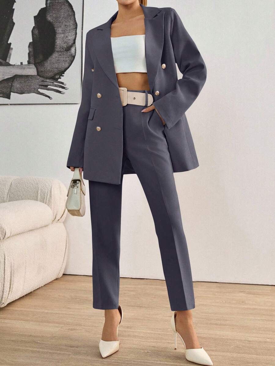 EURMUSE Completo casual da donna: giacca doppiopetto a manica lunga con collo a risvolto in colore unito e pantaloni - Grigio Scuro - Visualizzare 1