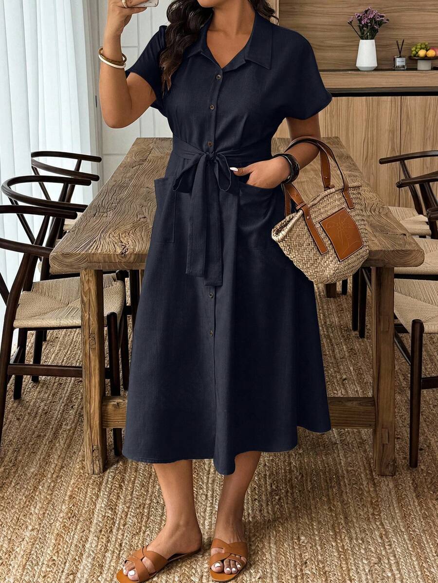 Weeklong Đầm sơ mi tay ngắn đơn hàng khuy đơn cỡ lớn cho nữ phong cách nghỉ dưỡng thường ngày màu trơn - Màu xanh hải quân - Xem 1