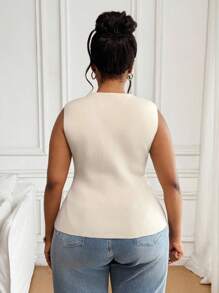 SHEIN PETITE CURVE 大码女式休闲纯色前扣无袖针织上衣，夏季 - 杏色 - 查看 2