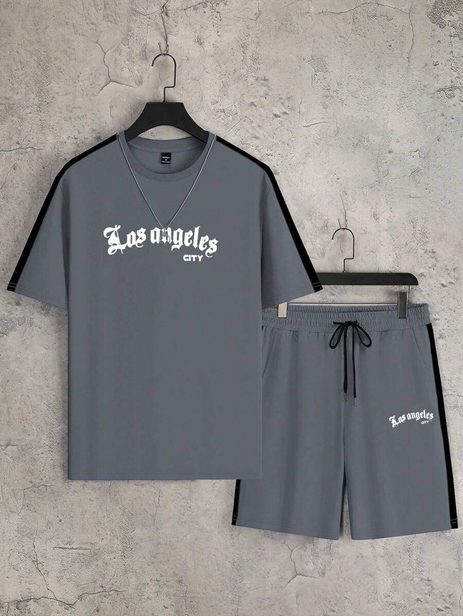 Manfinity Roughcore Men's Letter Print Short Sleeve T-Shirt And Shorts Set Men Two Pieces Set Men Two Pieces Short Sets Men 2 Pieces Short Set