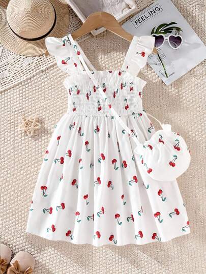 Girls Casual Cherry Print Sleeveless High Waist Short Suspender Dress With Matching Color Crossbody Bag, Summer Summer Holiday
