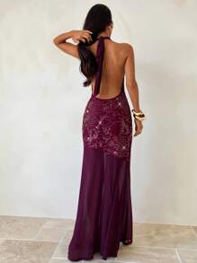 Aloruh 女士派对连衣裙、约会连衣裙、下午茶连衣裙、酒红色、栗色、梅红色、垂坠领结连衣裙、亮片连衣裙、女士超长连衣裙 连衣裙 女士秋季女装 女士秋季连衣裙 优雅女士连衣裙 - 紫紅色 - 查看 2