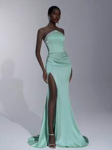 Elitara 优雅蓝绿色缎面不对称露肩高领水钻装饰高腰鱼尾连衣裙，侧高开衩，适合约会、生日派对、舞会、毕业典礼、婚礼、正式场合 - 霧霾藍 - 查看 6