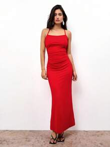 Maija Red Lace-Up Design Knitted Fitted A-Line Dress For Women, Suitable For Spring/Summer Festivals - Red - View 7