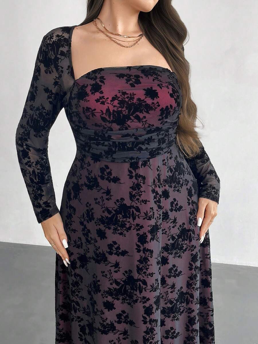 Firerie فستان طويل أنيق للنساء ذوات الحجم الكبير مزين بالشبك المخمل، فستان طويل أنيق بأكمام طويلة وياقة مربعة/فستان ضيق مطوي بخصر متباين باللونين الأحمر والأسود/فستان طويل بأكمام طويلة للنساء ذوات الحجم الكبير/فستان أنيق للمعلمات