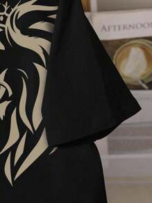 SHEIN 2 pièces/Set T-shirt à manches courtes imprimé lion décontracté pour adolescent garçon et short rayé tigre, été - Noir - Voir 3