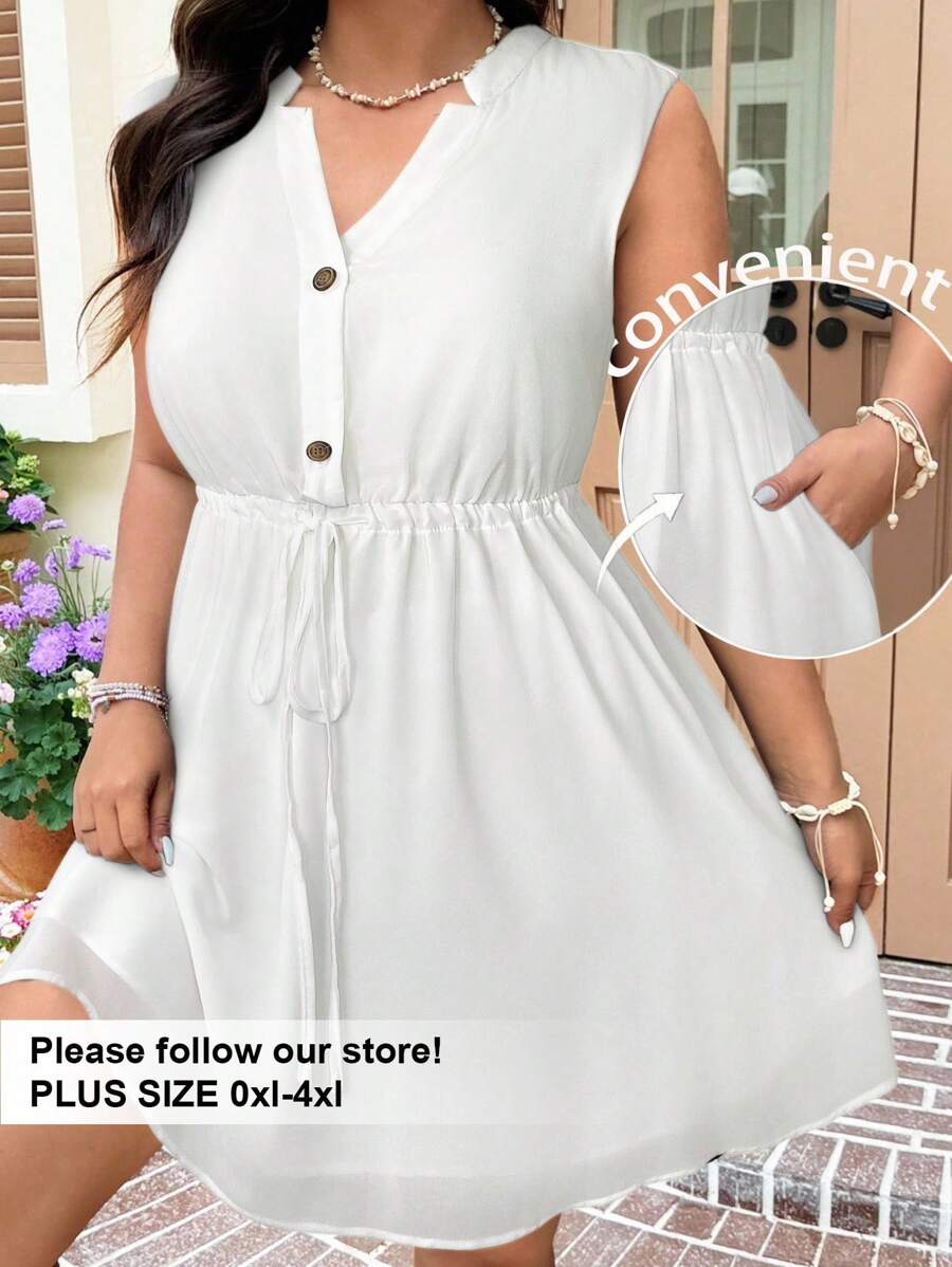 Solflare Vestido casual de gasa blanco sin mangas para tallas grandes