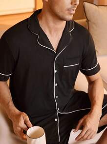 SHEIN 男士撞色滚边睡衣套装 / 睡衣套装 - 黑色 - 查看 5