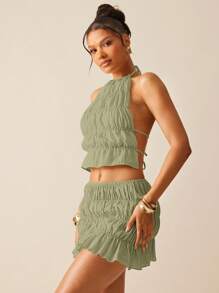 Hauture Conjunto de saia e top curto sem costas, cor sólida, sexy, para férias - Verde de Exercício - Ver 4