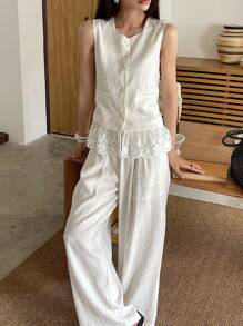 DAZY 2pcs/Set Summer Casual Lace Patchwork Camisole And Wide Leg Pants Set For Women Lounge Sets For Women Short Sets For Women - Beige - View 5