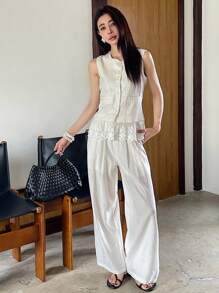 DAZY 2pcs/Set Summer Casual Lace Patchwork Camisole And Wide Leg Pants Set For Women Lounge Sets For Women Short Sets For Women - Beige - View 8