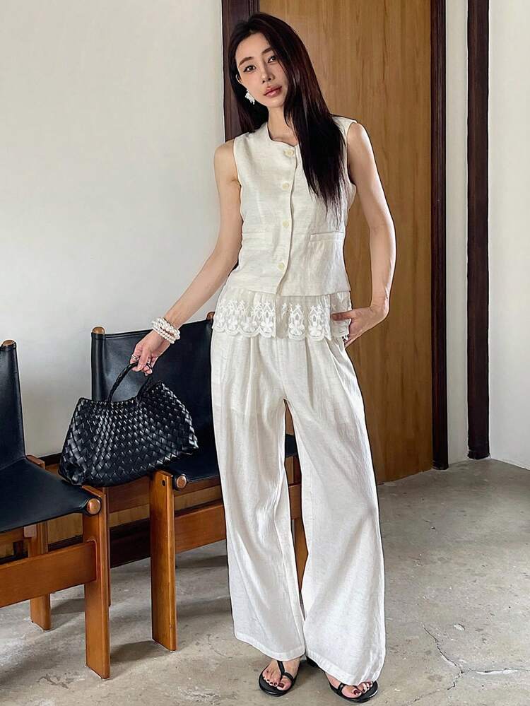 2pcs/Set Summer Casual Lace Patchwork Camisole And Wide Leg Pants Set For Women