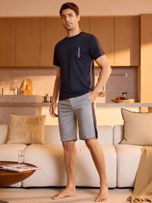 Manfinity Underwear&Sleepwear Basics Conjunto para el hogar para hombre, de mangas cortas y pantalones cortos, de unicolor - Azul Marino - Ver 3
