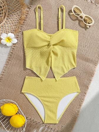 Ensemble de maillot de bain style débardeur avec torsade devant pour les préadolescentes, parfait pour la plage, la piscine et les vacances d'été