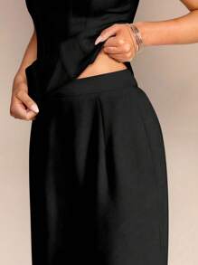 Glamine 2 件套女士夏季吊带上衣和阔腿裤套装，美人鱼风格办公室/工作服，通勤和休闲日常装秋季女装返校装 - 黑色 - 查看 4