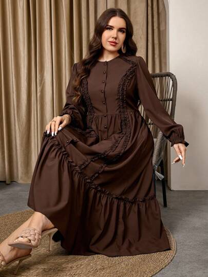 Graceveil Plus Size Women Elegant Modest Casual Lace Trim Long Dress Fall Cloth For Women