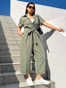 SHEIN EZwear 大码休闲简约军绿色工装连体裤