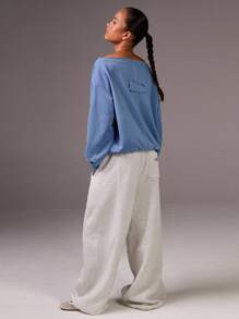 Athîral 女士纯色落肩拉链宽松休闲卫衣，返校季，秋季女装，大码 - 藍色 - 查看 5