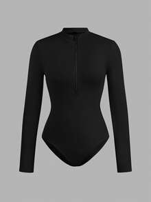 SHEIN EZwear 女式黑白2件套半扣拉鍊高領緊身休閒長袖連體衣 - 黑與白 - 查看 12