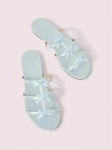 CUCCOO DOLLMOD Women's Blue Satin Satin Bow French Romantic Summer Date/Holiday Cute Fairy Style Round Toe Thin Strap Flat Sandals - Blue - View 9