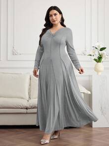 Mulvari Plus Size Women V-Neck Long Sleeve Elegant Solid Color Dress - Grey - View 6