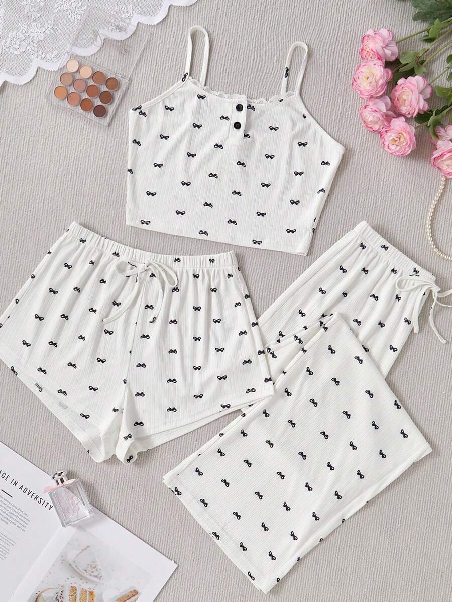 SHEIN 多件套女士蝴蝶结和蕾丝印花吊带背心短裤和长裤睡衣套装 - 白色 - 查看 1