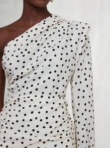Aveloria Modichic French Elegant White With Black Polka Dots Summer Short Dress For Women,Asymmetric Long Sleeve Padded Shoulder Cinched Waist Ruched Hem Bar Party - Multicolor - View 2