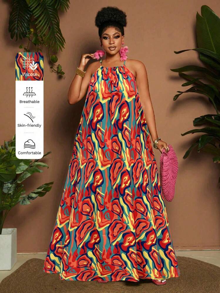 Maweii Women Plus Size A-Line Print Strap Dress - Multicolor - View 1