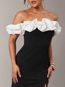 Silquee Vestido de mujer con abertura alta y hombros descubiertos en contraste - Negro - Ver 7