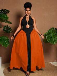 Maweii Plus Size Women Plunging Neckline Lace-Up Metallic Buckle Asymmetric Hem Semi-Sheer Split Side Sexy Summer Vacation Dress - Multicolor - View 5