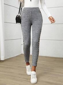 EMERY ROSE Quần legging họa tiết da báo, họa tiết động vật, cạp chun co giãn, quần legging nữ, quần co giãn thường ngày, quần legging có gân, quần áo mùa thu cho nữ, quần họa tiết da báo cho nữ - Xám - Xem 4