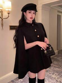 DAZY 女士加大码加厚羊毛披肩外套，复古优雅高端秋冬斗篷夹克 - 黑色 - 查看 7