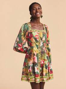 Travachic Women's Floral Print Square Neck Lantern Sleeve Ruffled Hem Fashionable Dress, For Vacation, Tropical Dress, Tropical Print Dress, Long Sleeve Mini Dress, Floral Print Dress,Vacation,Vacation Style, - Green - View 5