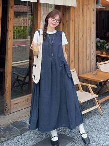DAZY Korean Style Washed Casual Denim Dress For Women - Blue - View 7
