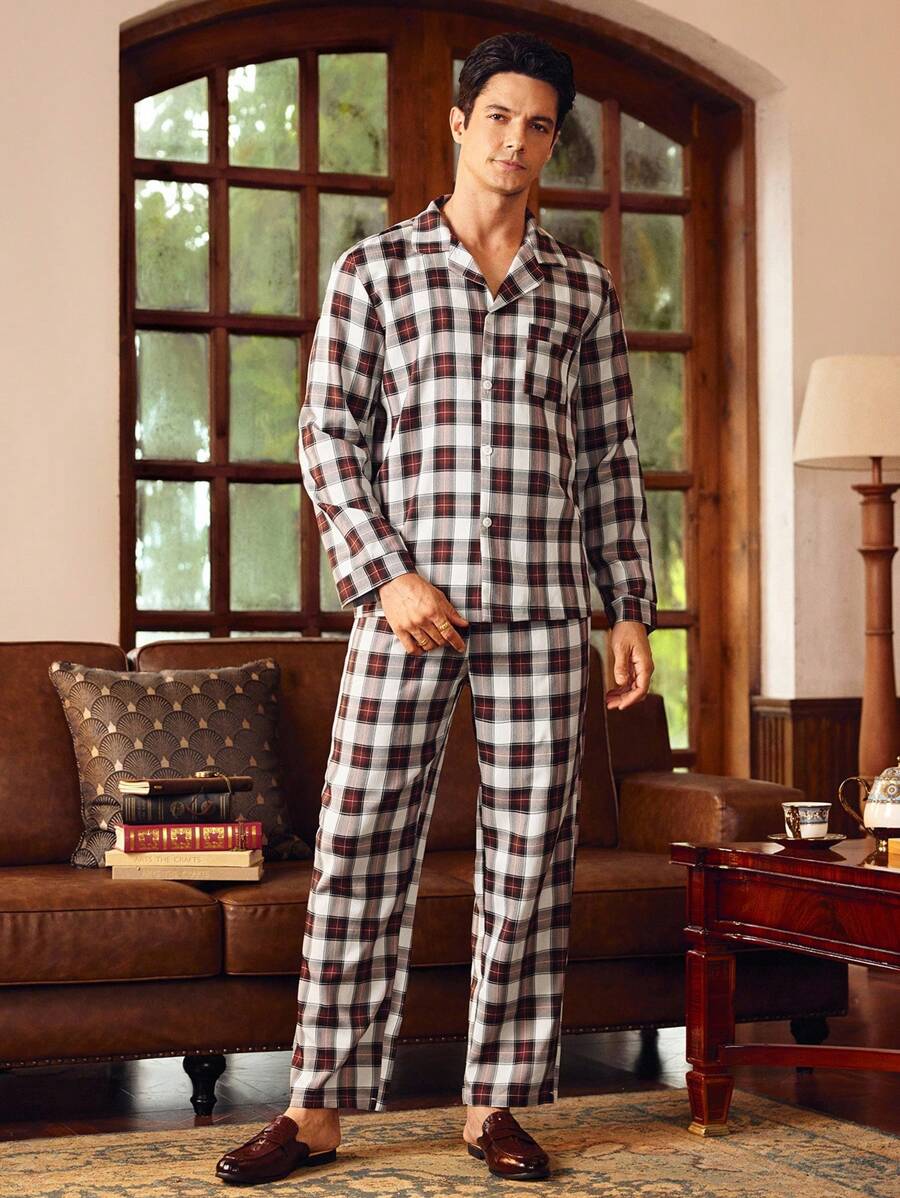 EverLounge Conjunto de pijama estilo retro a cuadros para caballero, de manga larga - Multicolor - Ver 1